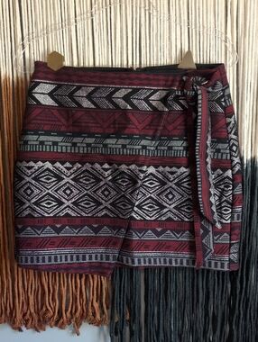 Express Maroon and Black Aztec Wrap Skirt Mini